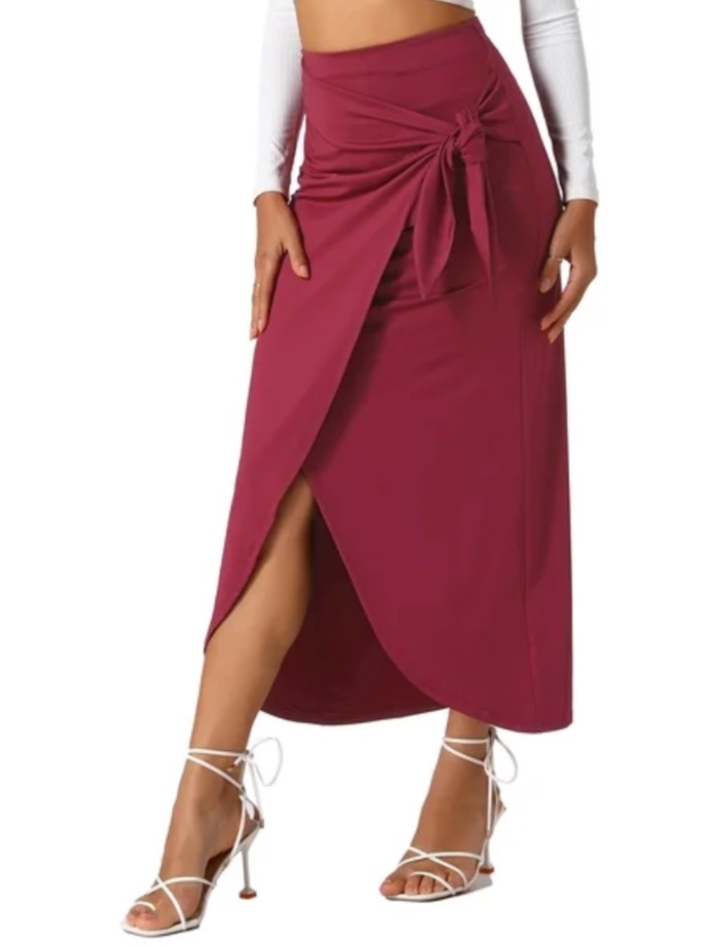 Allegra K Wrap Skirt Small Wine Red Stretch Long High Waist Side Tie Stretch NEW